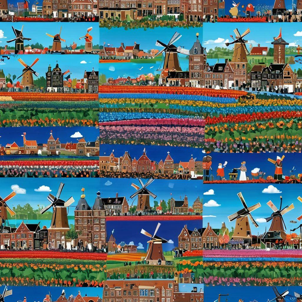 A colorful tapestry of diverse Dutch communities interconnected through digital journals, showcasing symbols of heritage like windmills, tulip fields, and traditional costumes. In the foreground, people of various backgrounds share stories online with glowing screens. The background features a blend of historical Dutch architecture and modern technology. Bright and inviting atmosphere, capturing the essence of sharing and connection. vibrant colors. 3D.