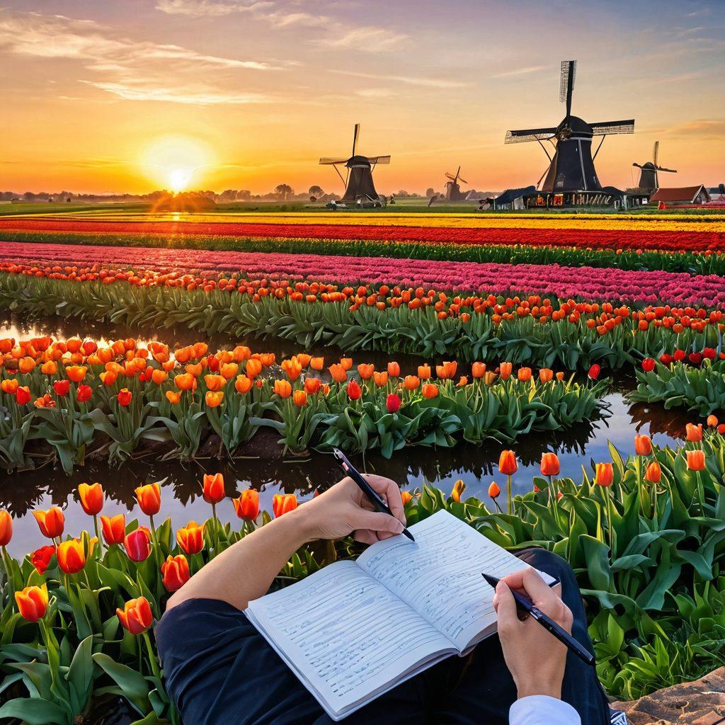 A scenic landscape of quintessential Dutch countryside, featuring iconic windmills and vibrant tulip fields. In the foreground, a person journaling with a classic fountain pen and an open travel blog, surrounded by nature's beauty, capturing the essence of reflective writing. The sun sets in the background, casting warm golden hues. super-realistic. vibrant colors.