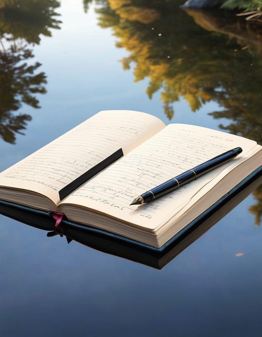 An open journal with a fountain pen resting on it, surrounded by reflective surfaces like mirrors and water, symbolizing reflection and introspection. The background features a serene nature scene, inviting creativity and authenticity. Soft sunlight casts gentle shadows, highlighting the pages of the journal filled with expressive writing. super-realistic. vibrant colors.